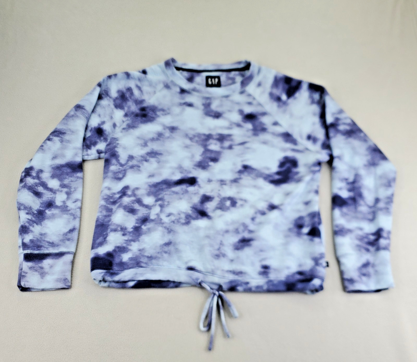 GAP Pullover Sweatshirt Womens M Blue Purple Tie Dye Soft Raglan Drawstring Hem