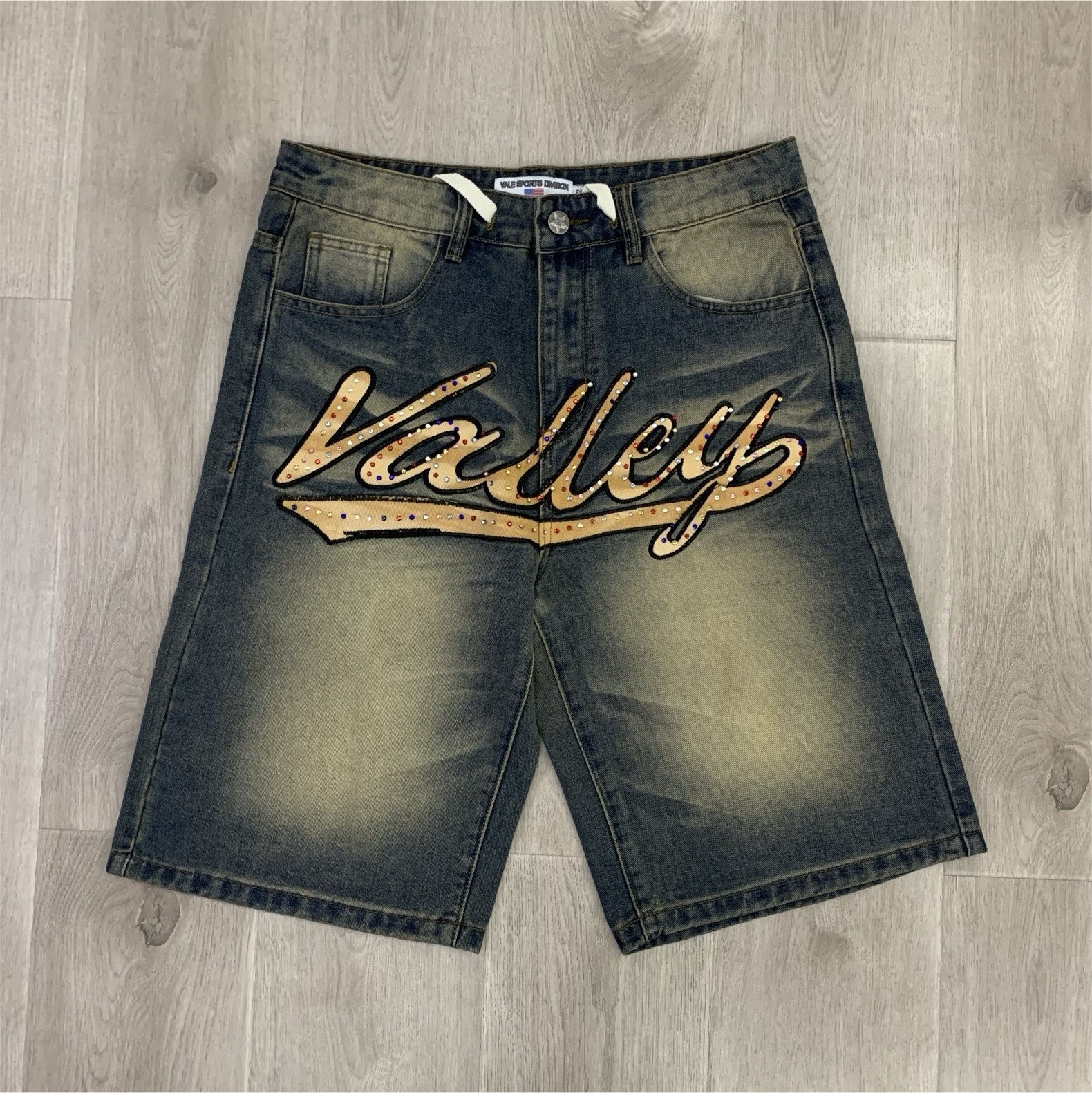 Valley Men’s Blue Medium Wash Denim Shorts Rhinestone Logo 5-Pocket Button