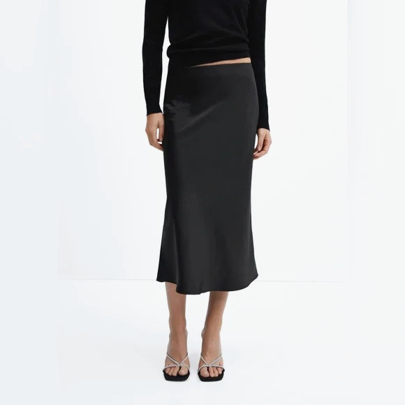 Mango MNG Women’s MIA Black Satin Slip Midi Skirt size XXS