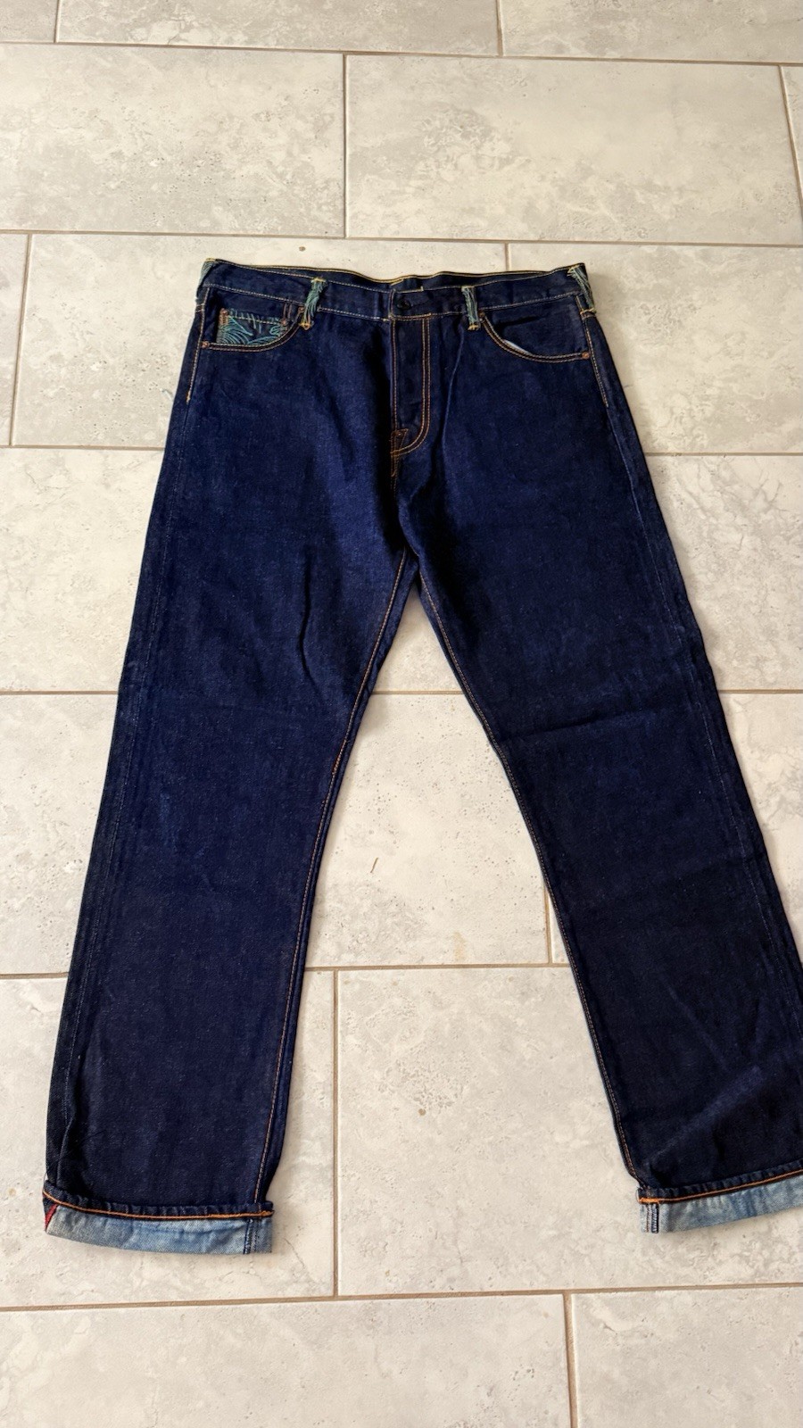 RMC Martin Ksohoh Embroidered Red Monkey Raw Denim Jeans Size 38×33 Dark Wash