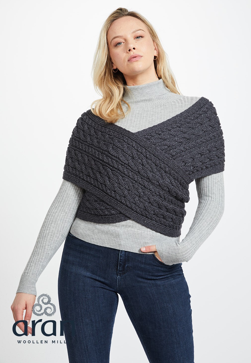 Aran Irish Crossover Wrap 100% Premium Merino Wool Cable Sweater Made in Ireland