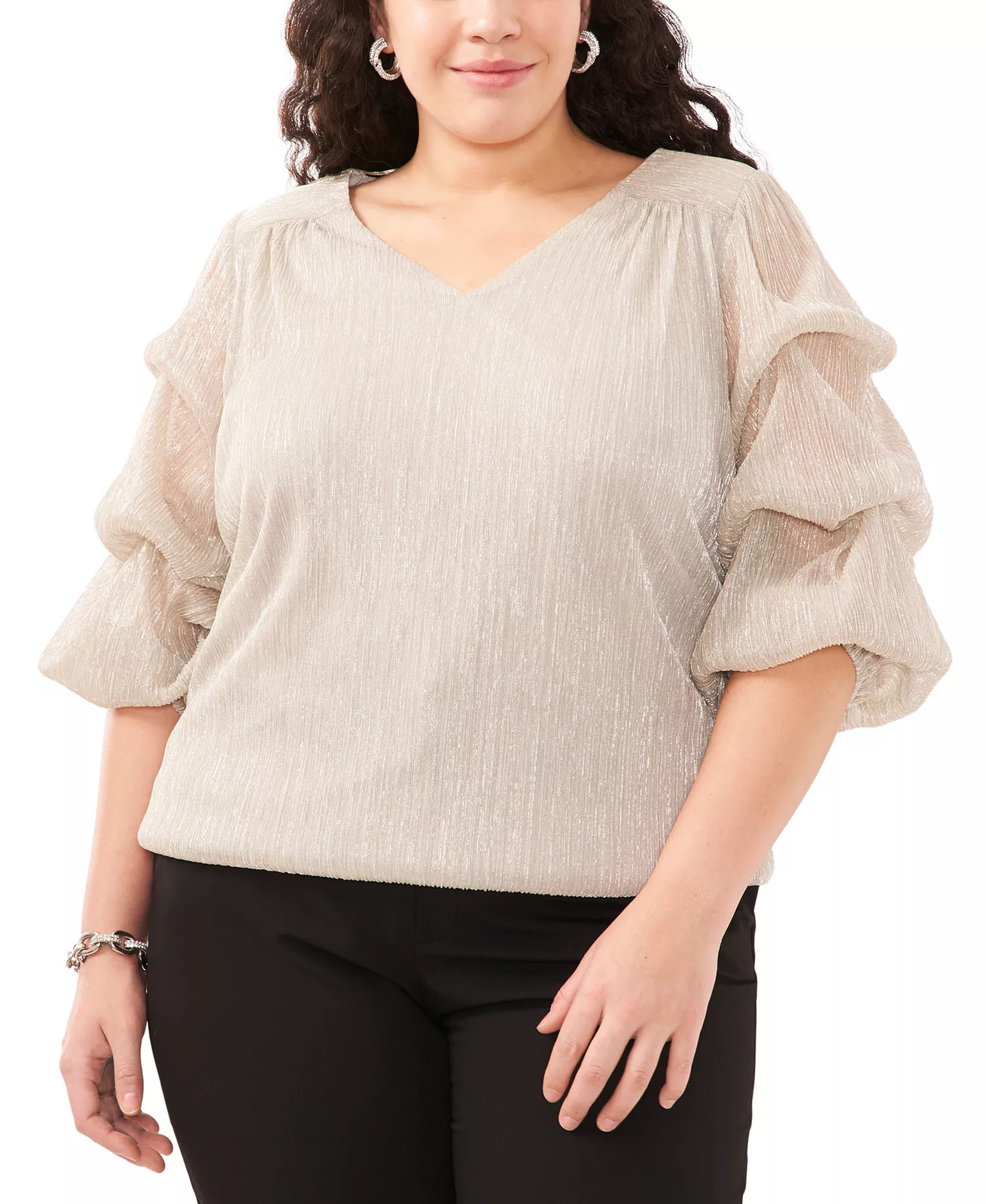 MSK Plus Size Blouse Metallic Tiered Sleeve V-Neck Formal Top Silver Gold 3X NWT