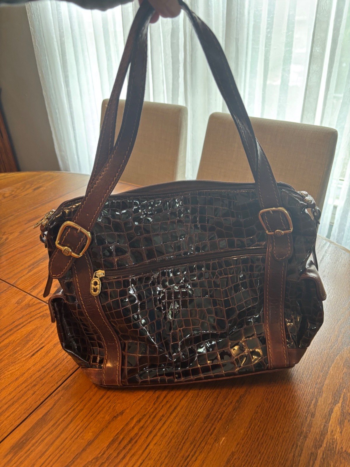 marino orlandi handbag purse tote crocodile embossed brown patent leather gold