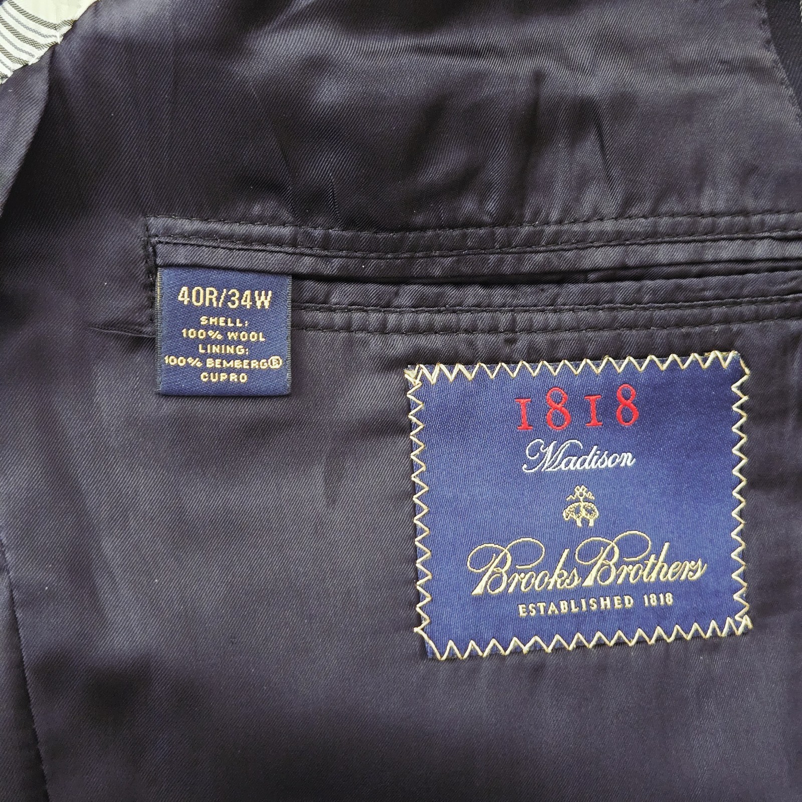 Mens 40R/33Wx32L Brooks Brothers 1818 Madison Midnight Blue Pinstripe Wool Suit