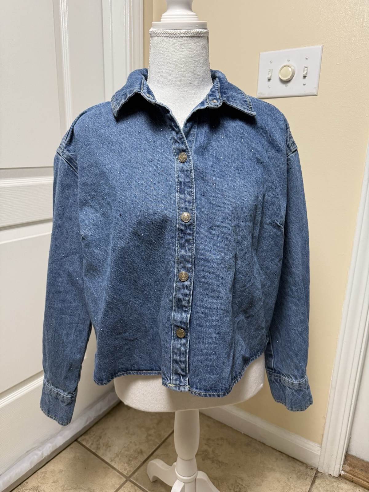Scoop Rhinestone Embellished Cotton Denim Shirt Long Sleeve XS (fit size 10)NWOT