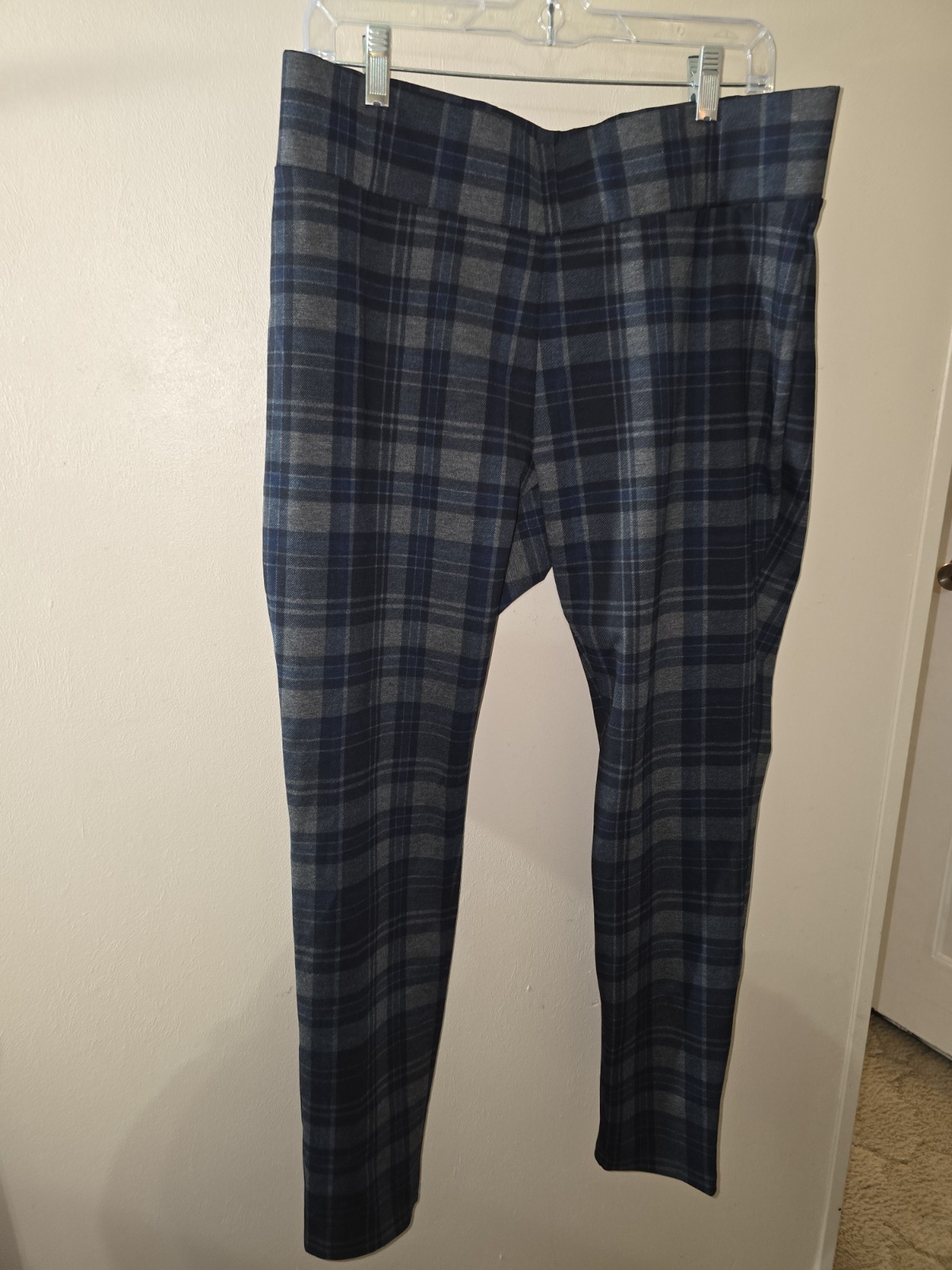 Women’s Memoi Gray/Blue Plaid Stonepipe Hounds Tooth Leggings Pants Size L/XL