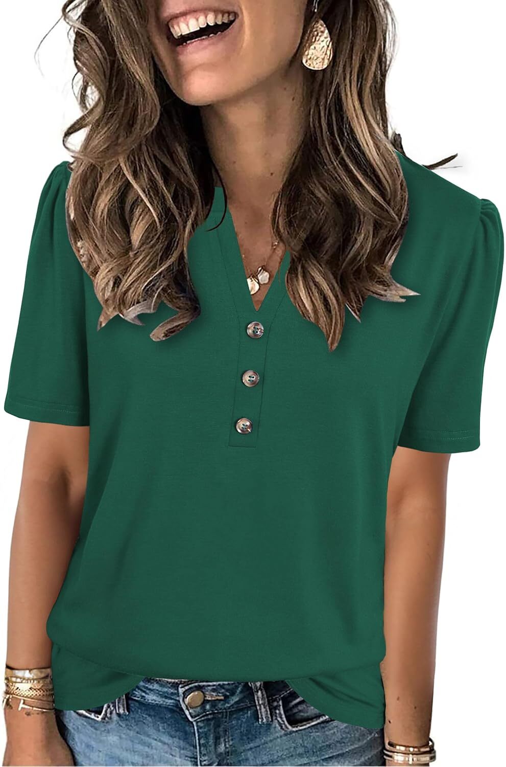 Short Sleeve Womens Casual Shirt Loose Fit V Neck Summer Top Soft Breathable