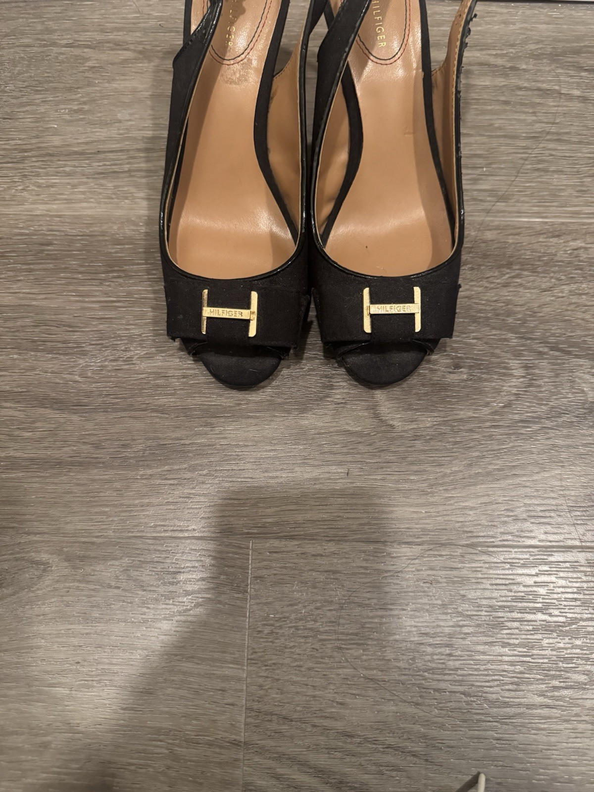 Tommy Hilfiger Size 7 M Taylan Peep Toe Bow Slingback Cork Wedge Sandal Black