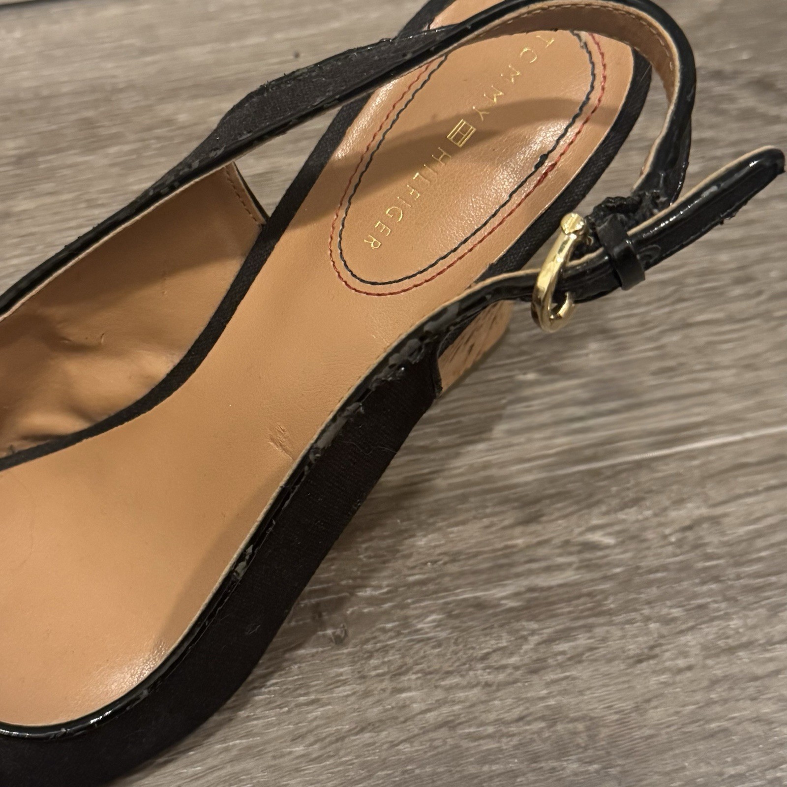 Tommy Hilfiger Size 7 M Taylan Peep Toe Bow Slingback Cork Wedge Sandal Black