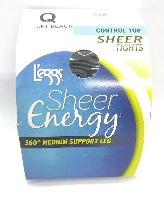 L’eggs Sheer Energy Control Top Jet Black Sheer Tights ~ Q Jet Black 95699