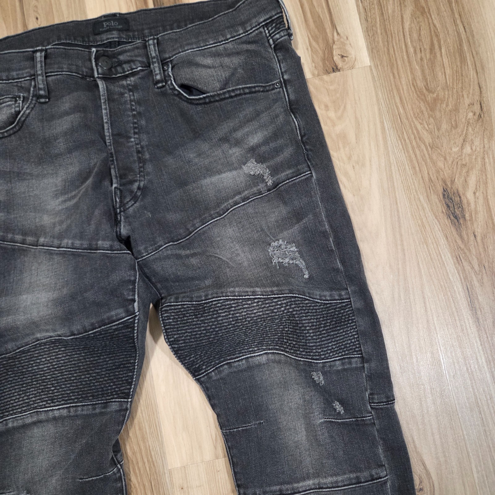 Polo Ralph Lauren The Sullivan Slim Jeans Men Size 36 x 32 Distressed Moto Black