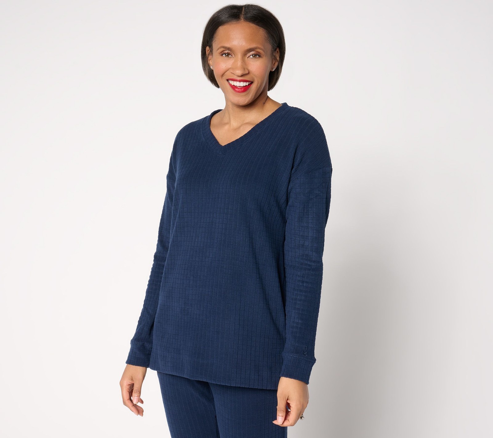Cuddl Duds Women’s Top Sz XS Grid Fleece V-Neck Pullover Blue A667659