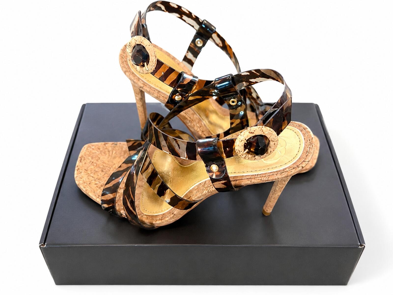 JLO Strappy Cork High Heel Sandals – Tortoise Shell & Gemstone Accents – Size 7