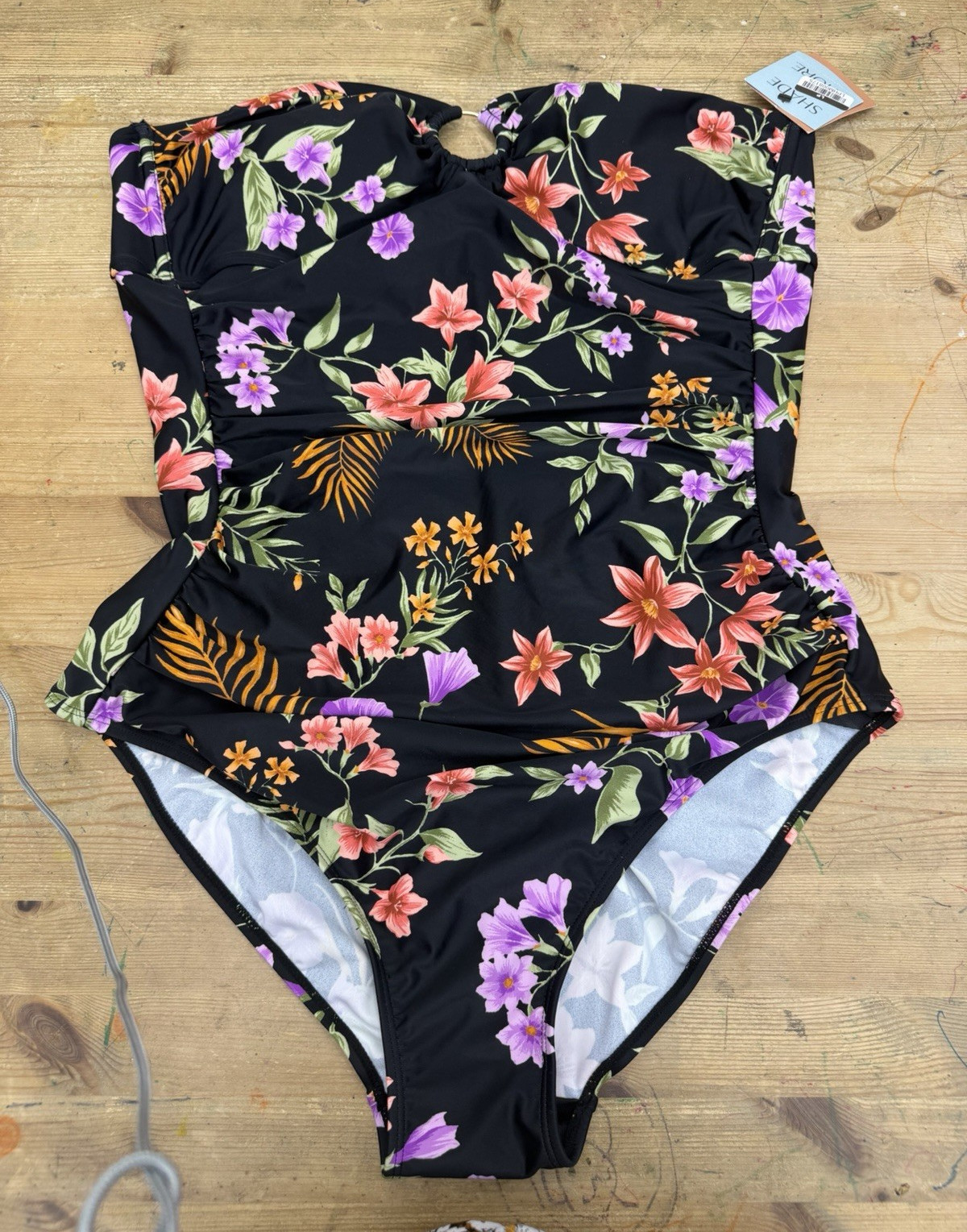 Shade & Shore XL Strapless Bandeau One Piece Tummy Control Floral Black