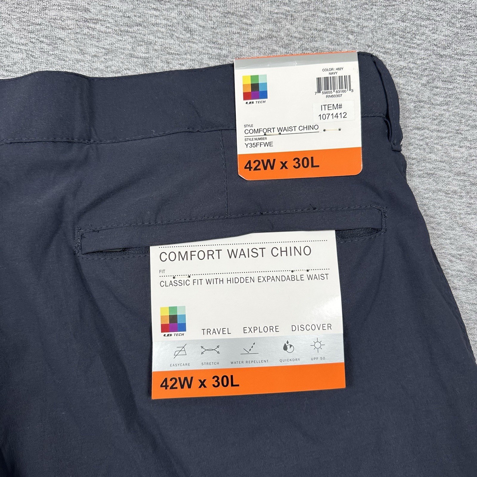 UB Tech Pants Mens Size 42×30 Blue Comfort Waist Chino Stretch UPF 50 Travel NEW