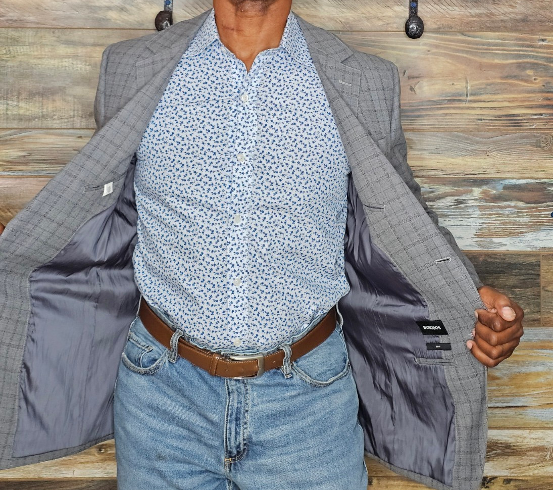 Bonobos Slim Fit Wool Blend Dual Vent Stitched Lapel Gray Windowpane Blazer 42R