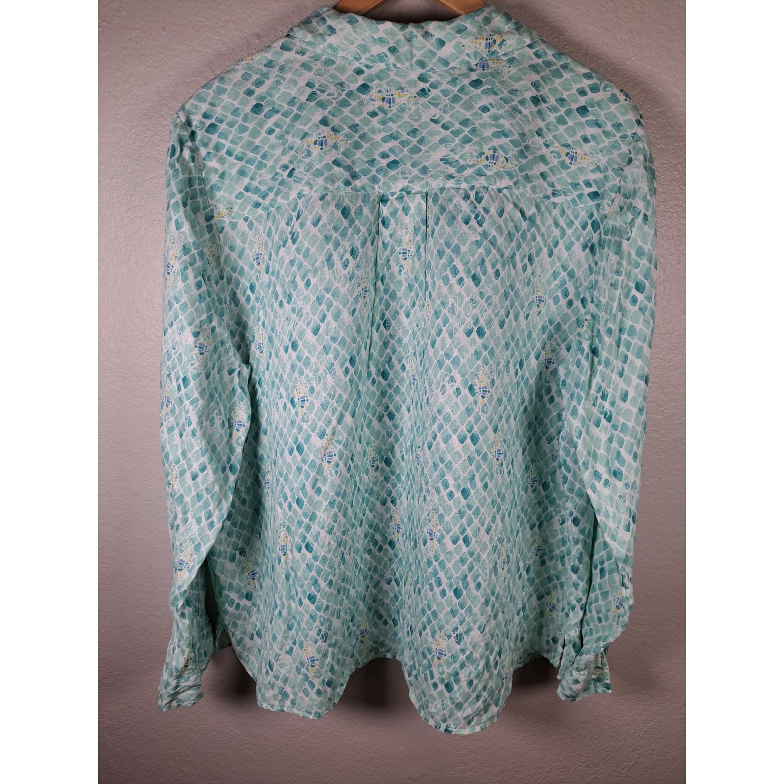 Charter Club XXL Teal Seahorse Scale Print Linen Blend Button Down Shirt Mens