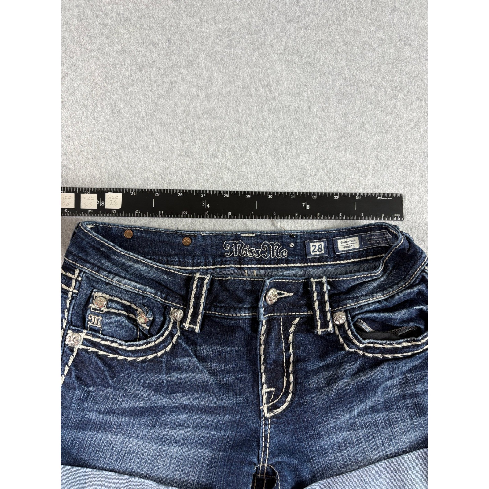Miss Me Signature Denim Shorts Women 28 Blue Dark Washed Mid Rise Y2K Rhinestone