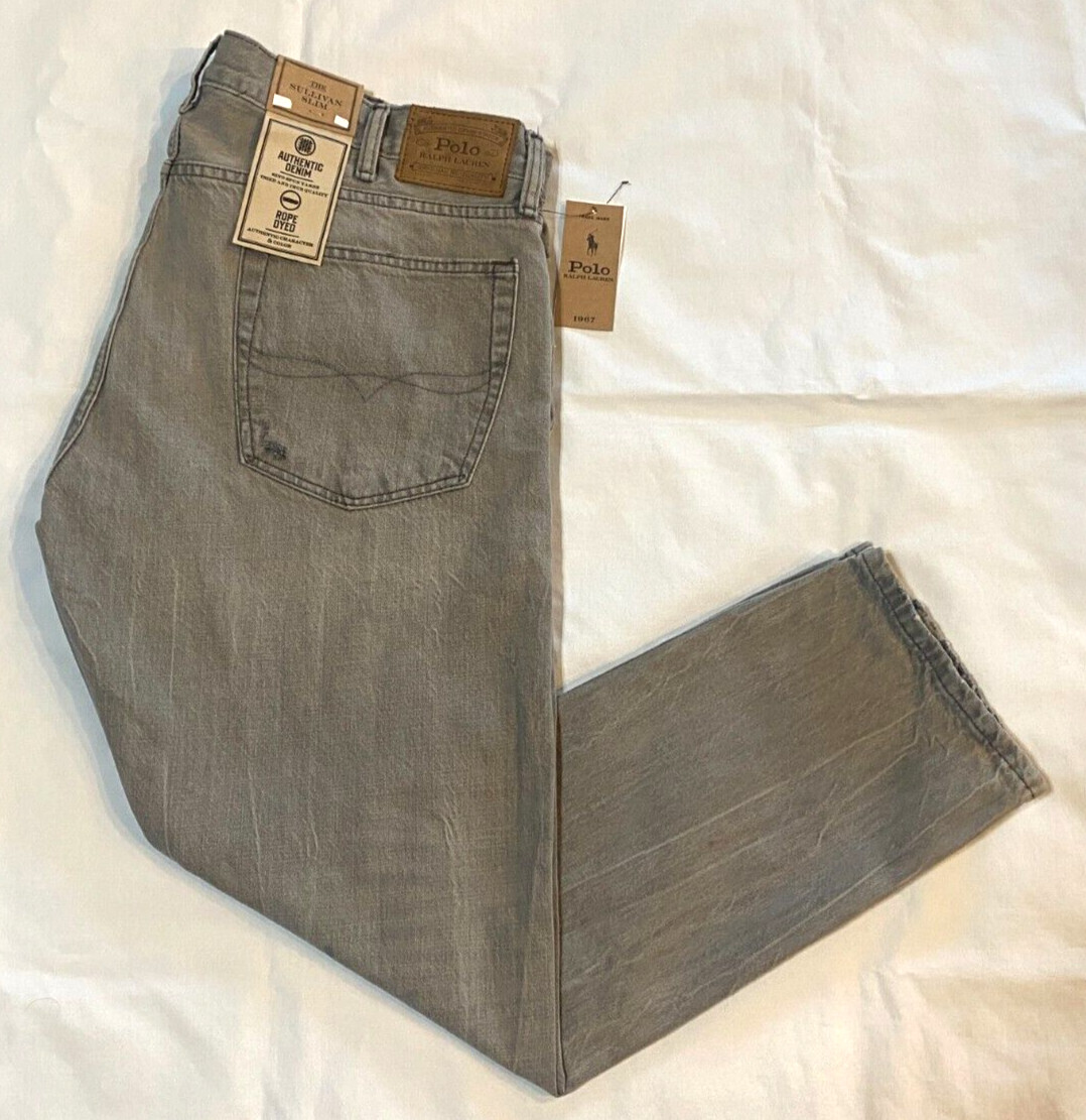 NWT-Polo Ralph Lauren Mens The Sullivan Slim Jeans Stretch Rope Dyed Gray- 40×30