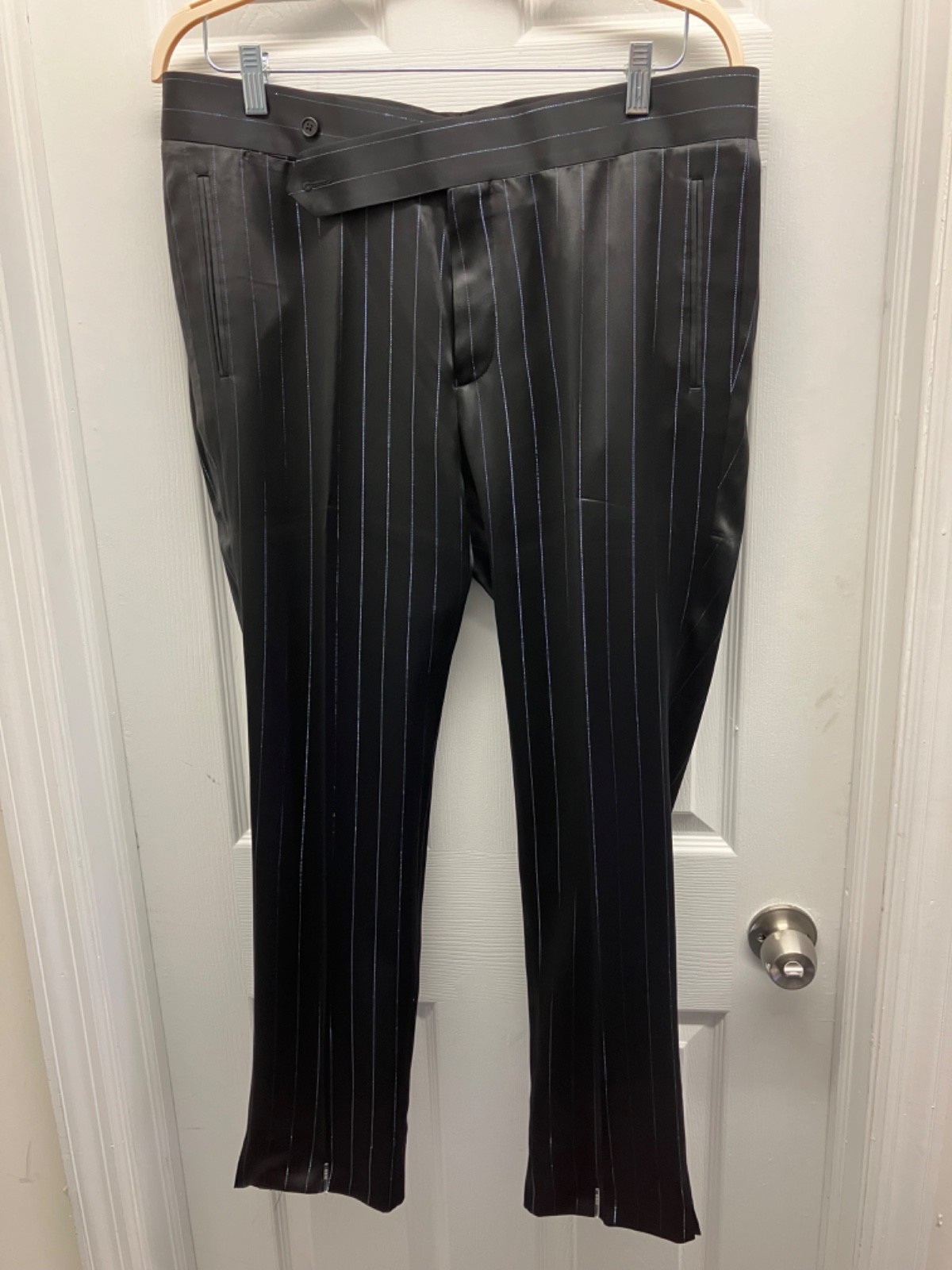 New Men’s Black Satin Tuxedo Suit with Blue Shiny Pinstripes