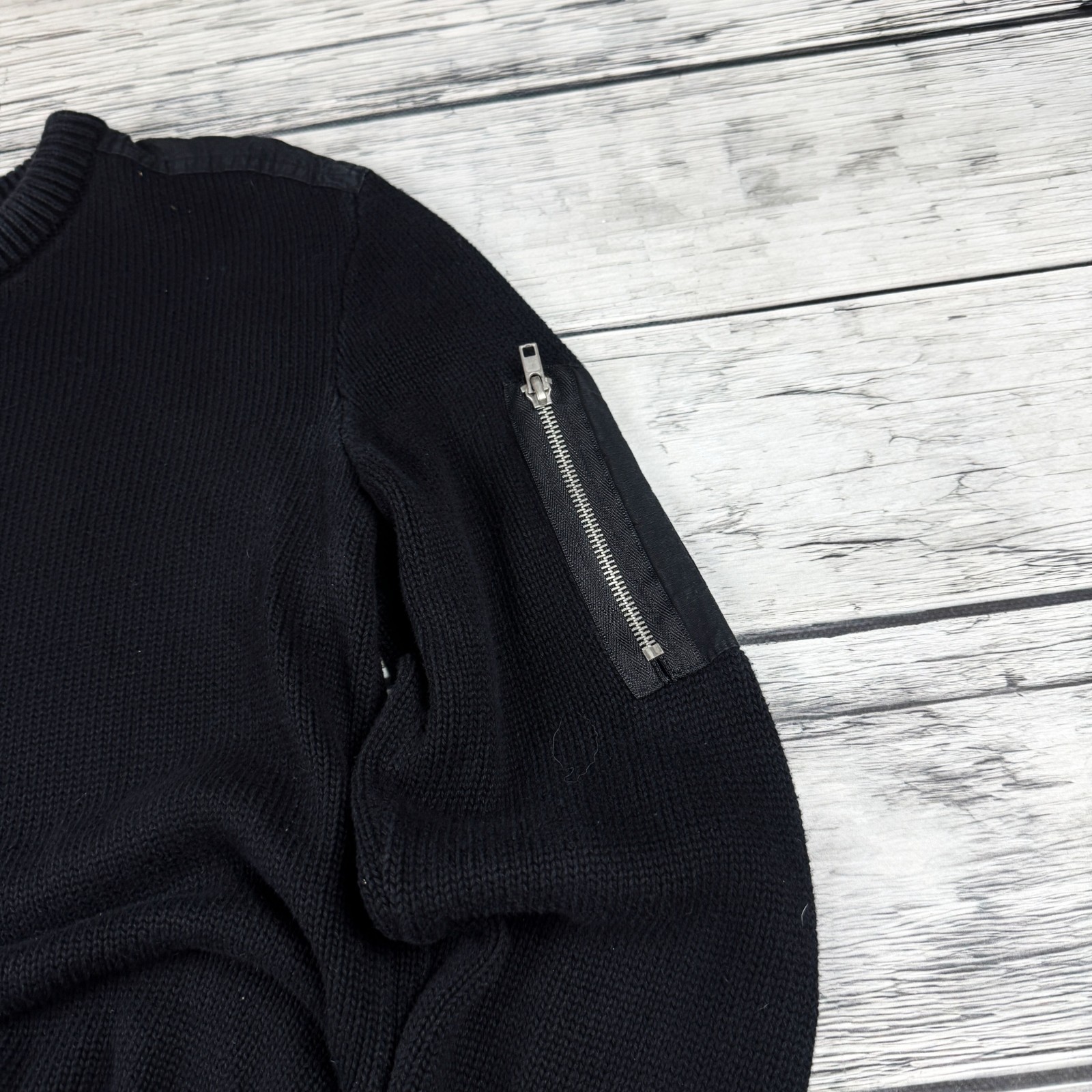 Mens Vintage Black Knit Sweater Zip Pocket Sleeve Minimalist Military Jumper