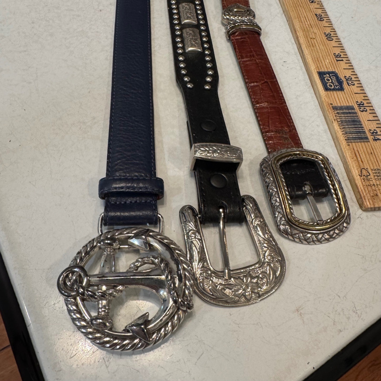 3 Brighton Leather Belt Lot Women M Navy Black Brown Western Nautical Anchor