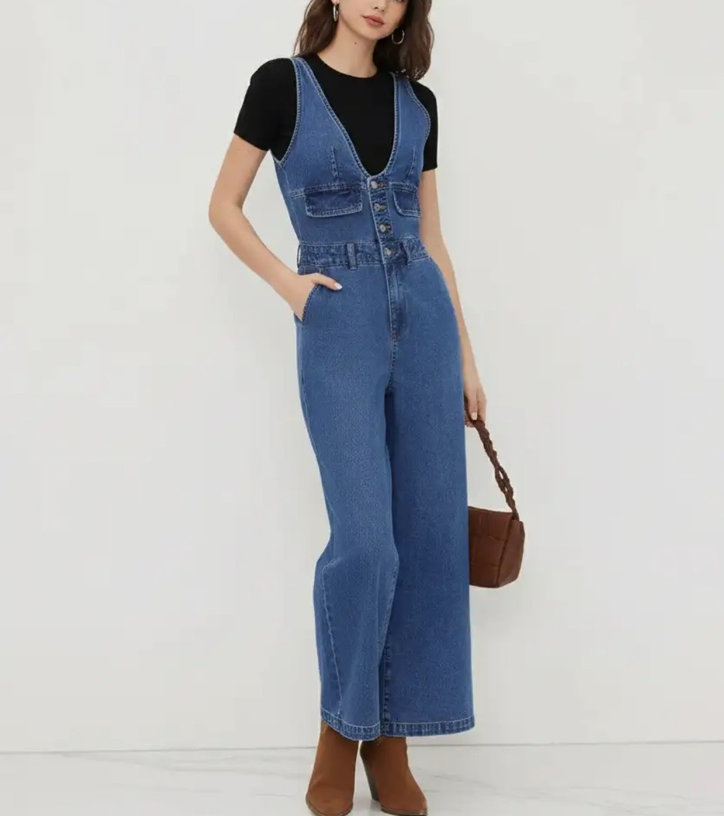 NEW Cider Blue Denim V-Neck V- Back Wide Leg Jumpsuit/ Overalls Zip Button Sz XL