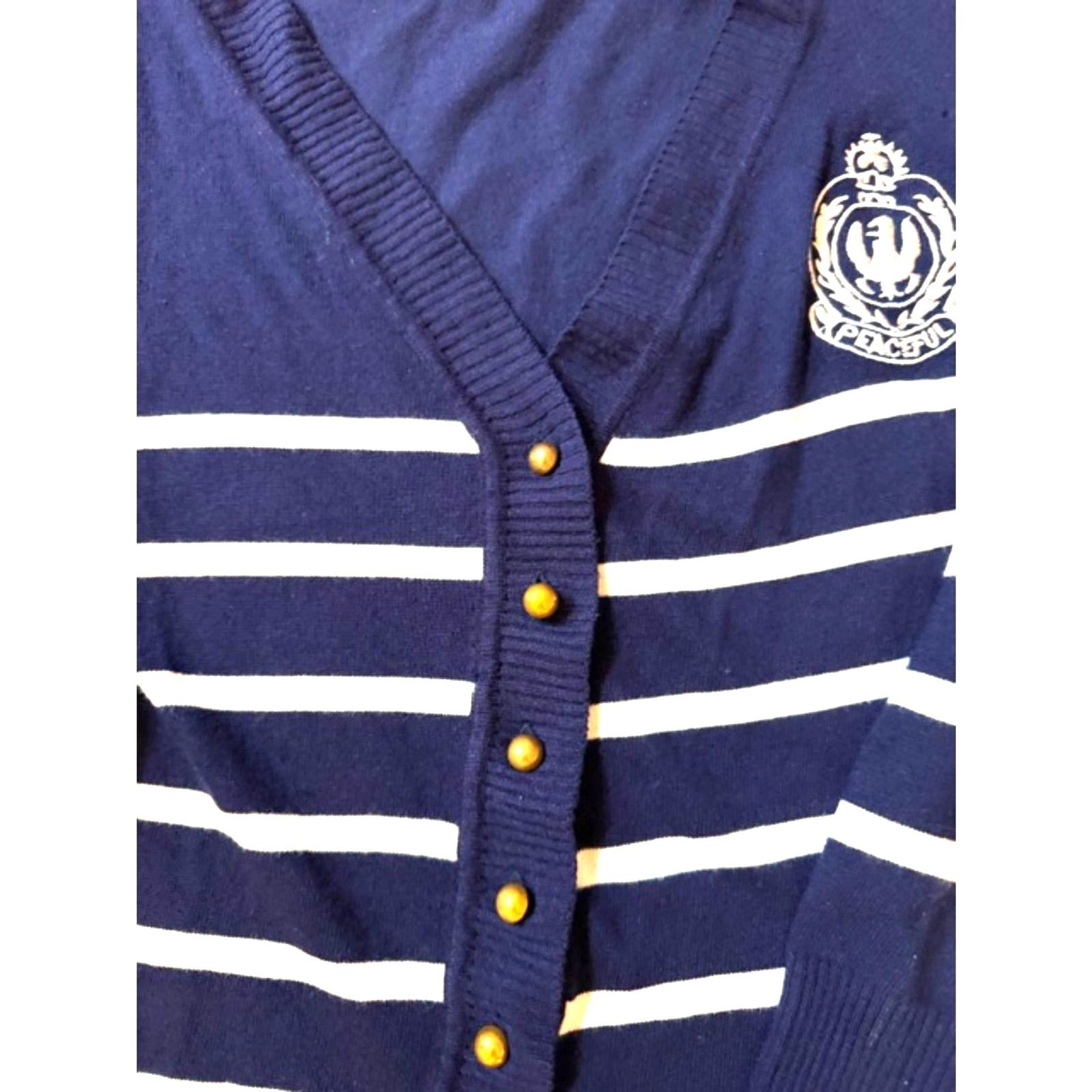 Peaceful Navy Striped Cardigan Sweater Crest Gold Buttons Preppy Nautical Size M