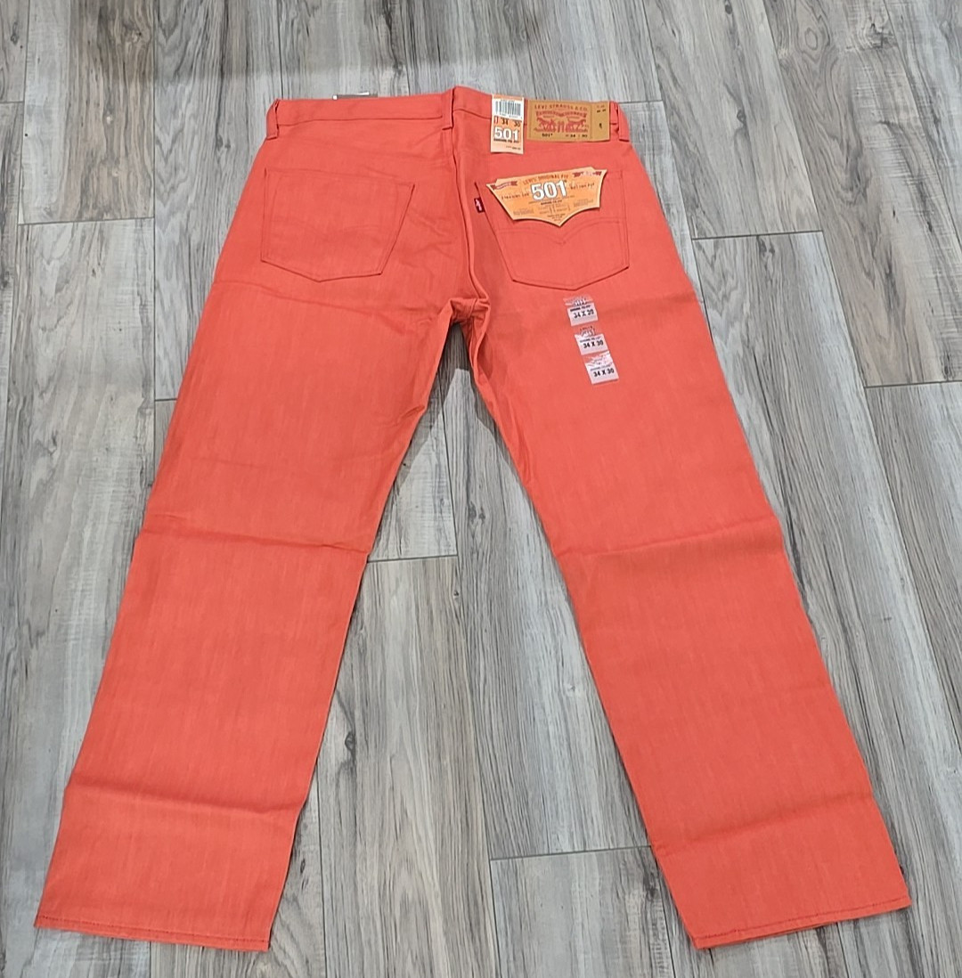 NWT Levis Original Shrink To Fit 501 Button Fly Straight Coral Red Jeans 34×30
