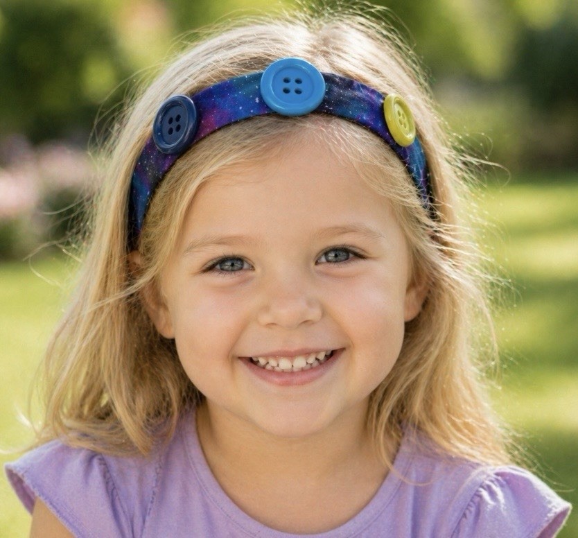 Girls Galaxy Print Fabric Headband, Multicolor Button Accents, Elastic One Size