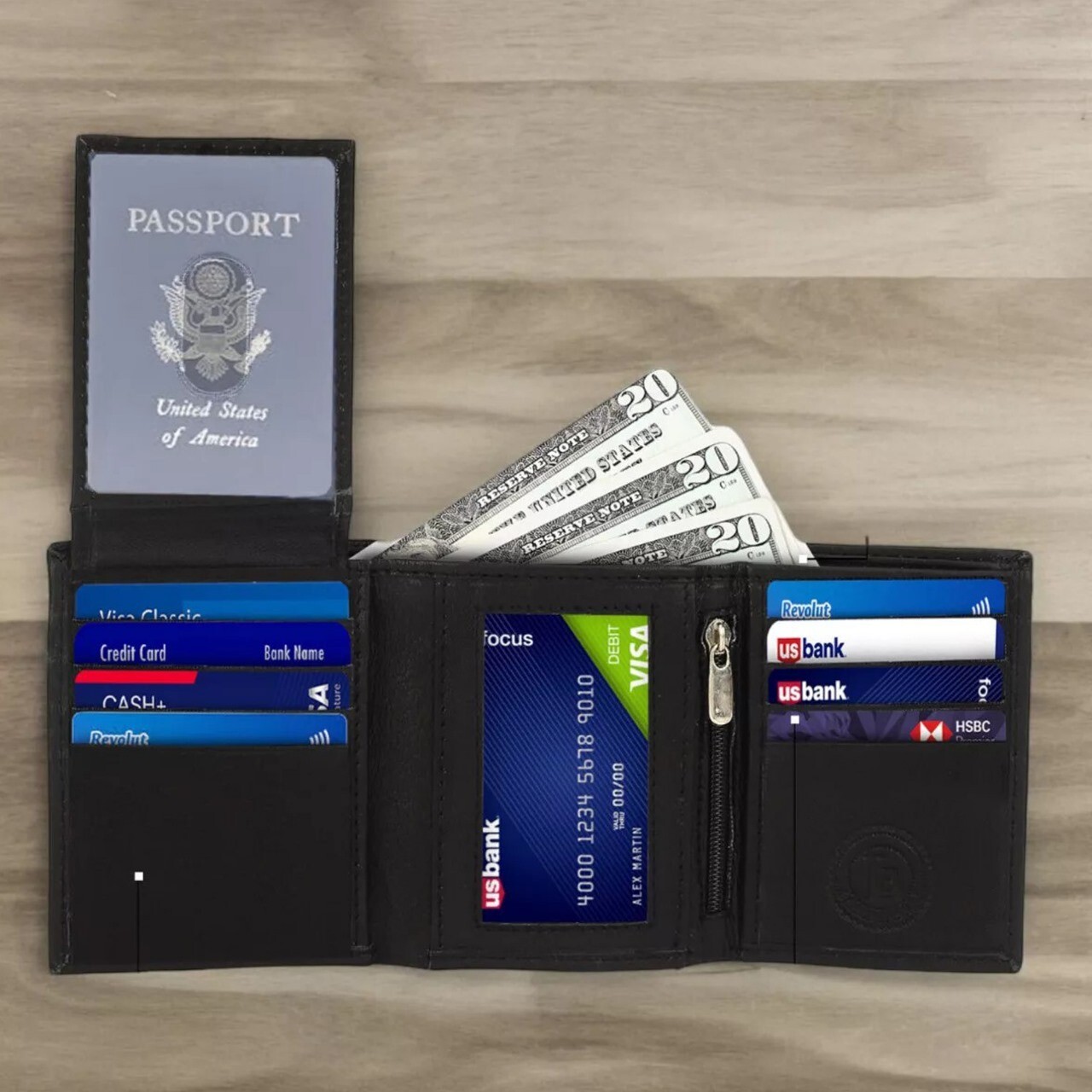 Leatherboss Men’s Genuine Leather RFID-Blocking Trifold Wallet Black