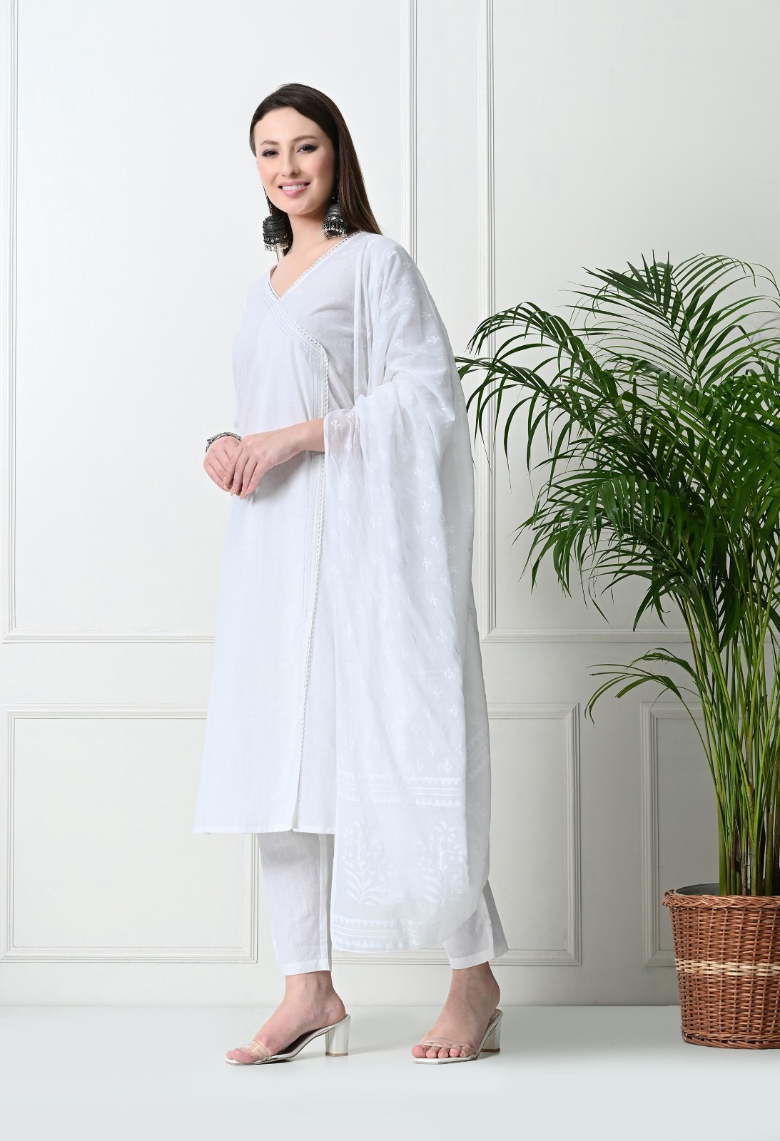 White Cotton Kurta Set with Dupatta for Women, Straight Fit Tunic & Pants, Light