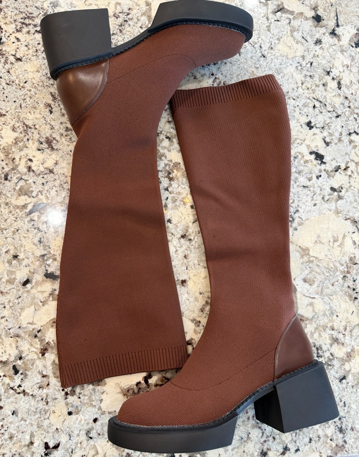 NewBella Women’s Brown Knee High Knit Sock Boots Size 41 US 10 Chunky Heel NIB