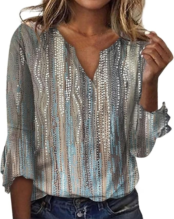 Womens Tunic Top 3/4 Bell Sleeve 1X Blue Gray Geometric V-neck Shirt Stretch NEW
