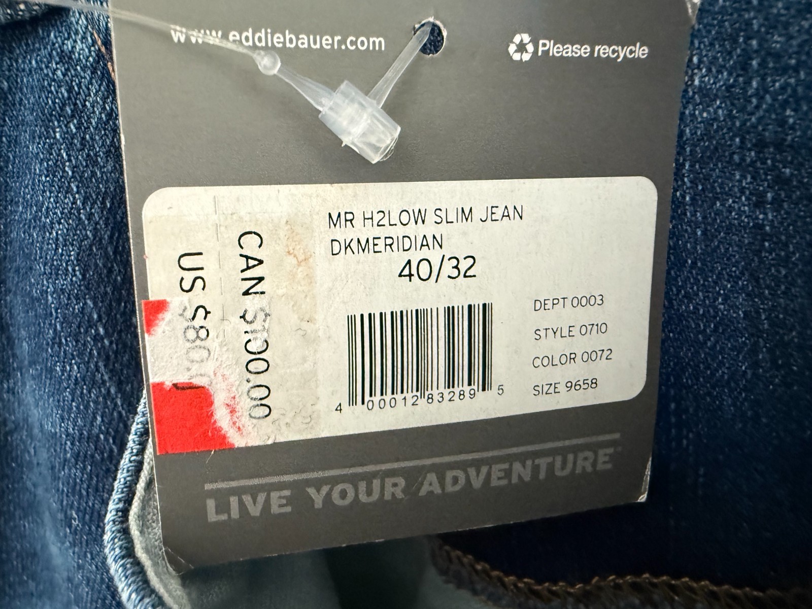 NWT Eddie Bauer Men’s Blue ‘H2Low” Jeans Slim / Straight Fit Size 40 x 32
