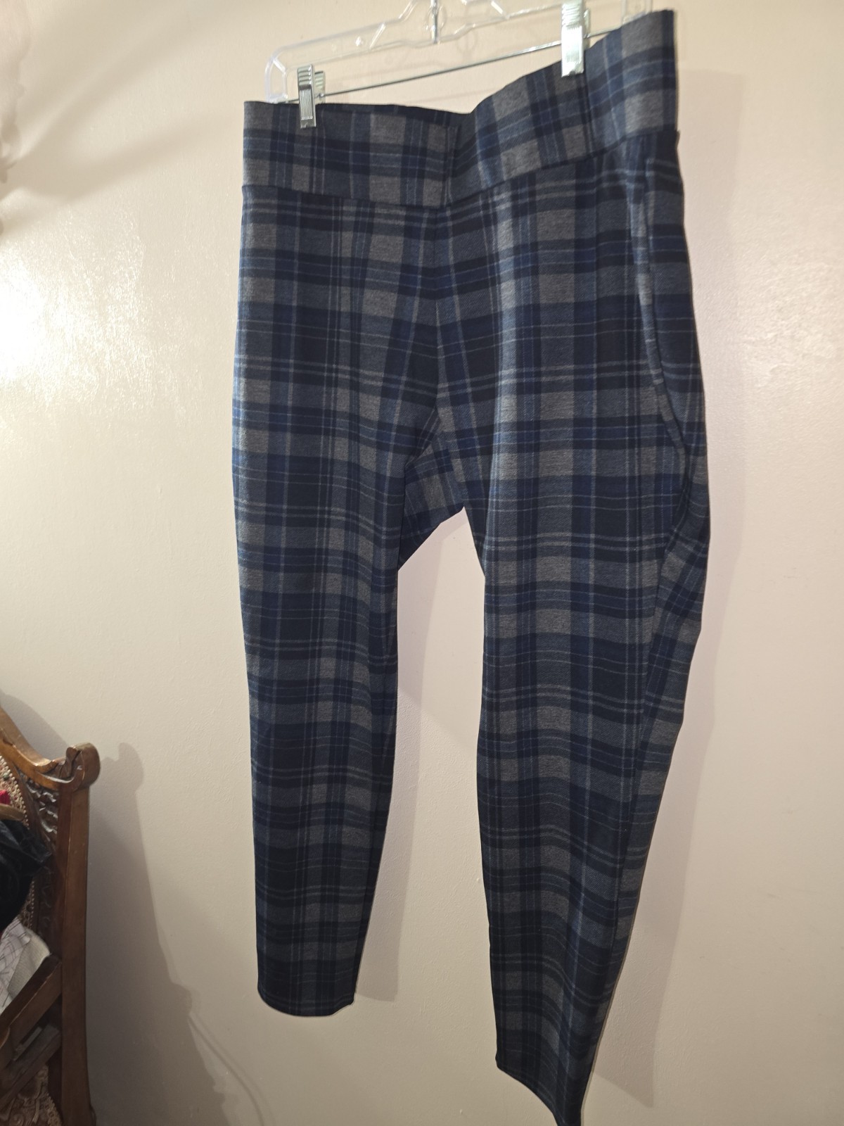 Women’s Memoi Gray/Blue Plaid Stonepipe Hounds Tooth Leggings Pants Size L/XL