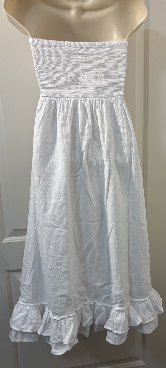 Altar’d State Strapless Midi Ruffle Sienna Dress in White 100% Cotton Lined $78
