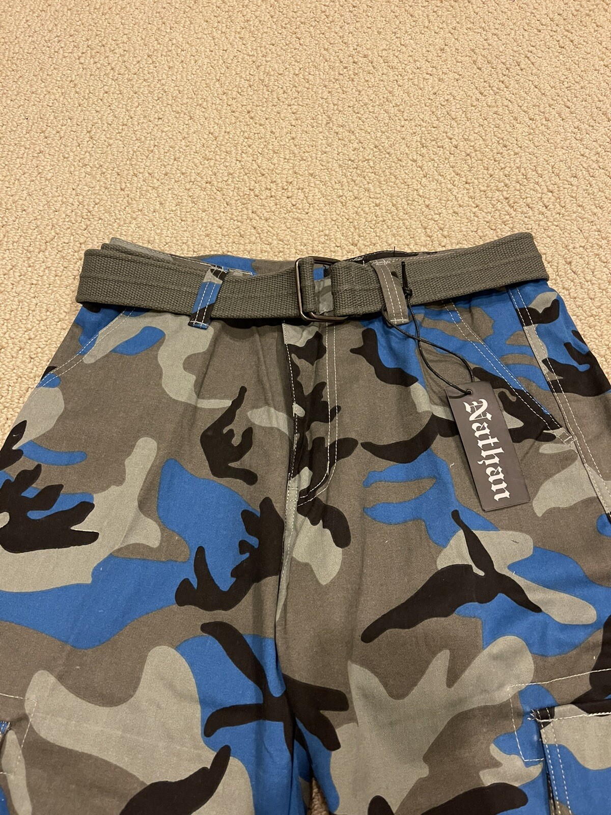 NWT Men’s Nathan Blue Grey Camouflage Camo Belted Cargo Pocket Shorts ALL SIZES