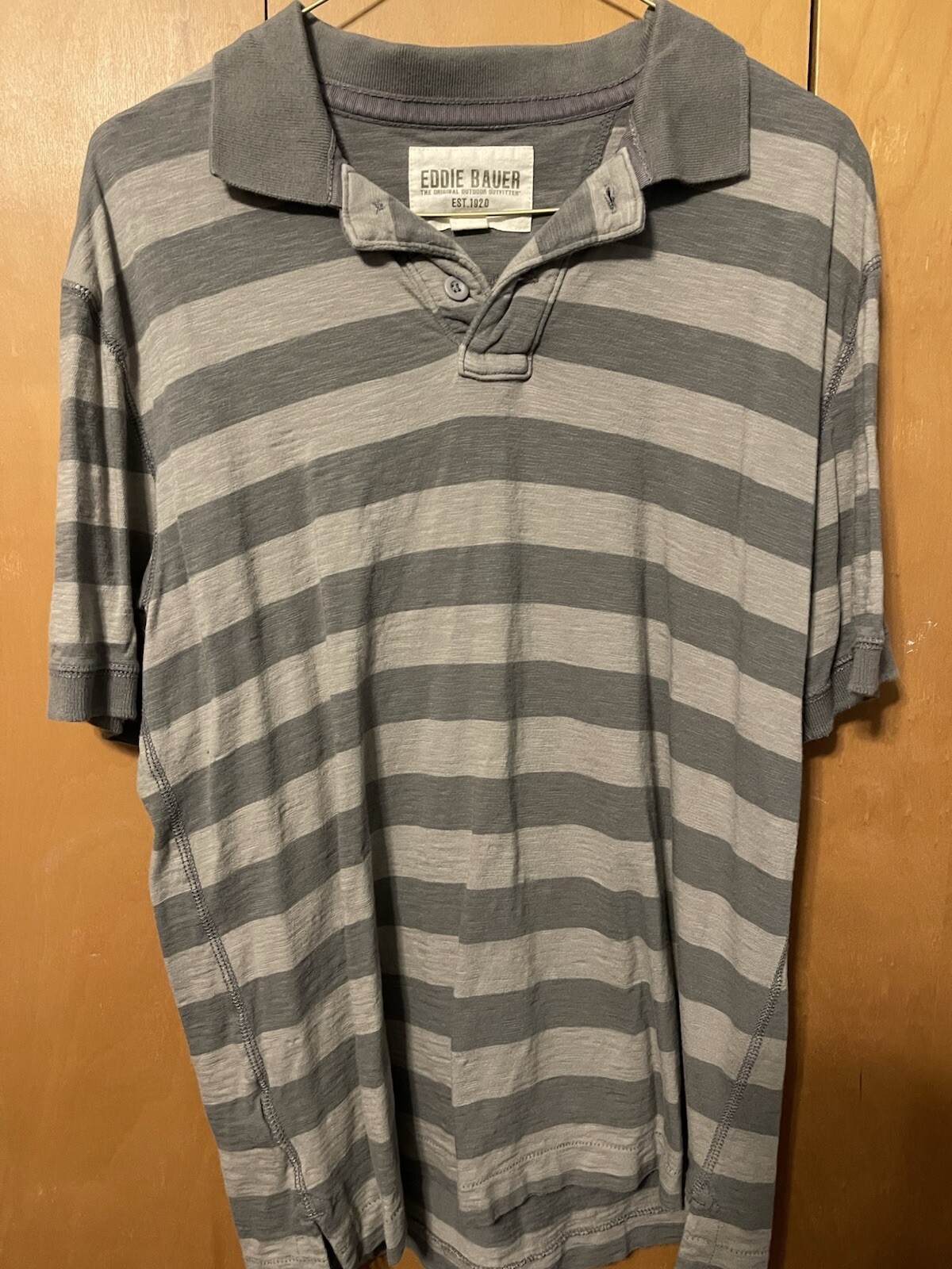 EDDIE BAUER CLASSIC COTTON SLUB FADED TAUPE BROWN BLOCK STRIPED POLO MEN SMALL