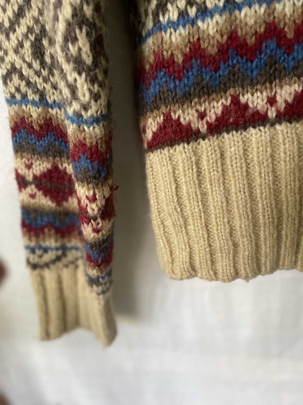 VINTAGE V-Neck Sweater Olive Cream Fair Isle Knit Preowned Medium Hand Wash Only