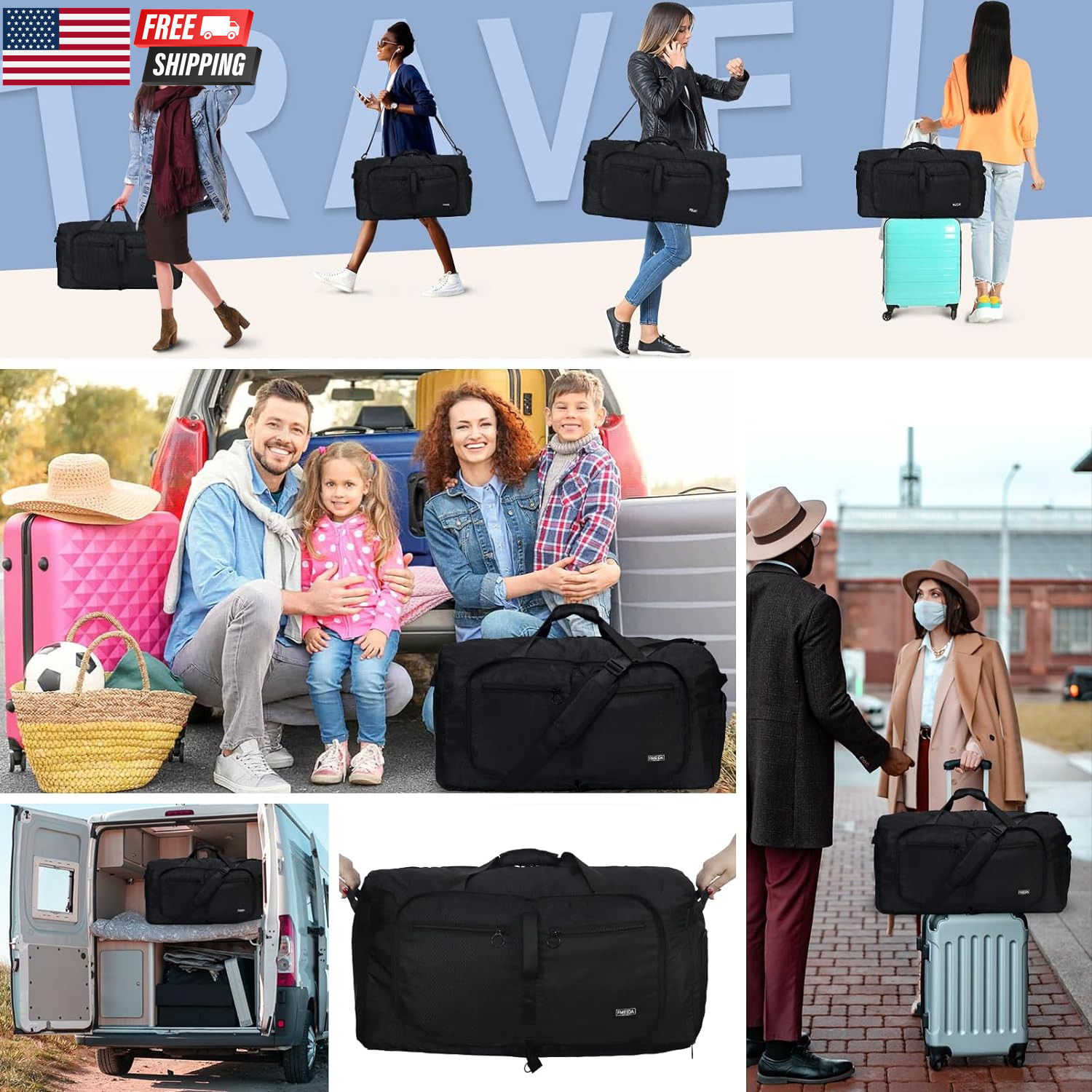 65L Duffle Bag with Shoes Compartment, Foldable Travel Duffel Bags for Men Women