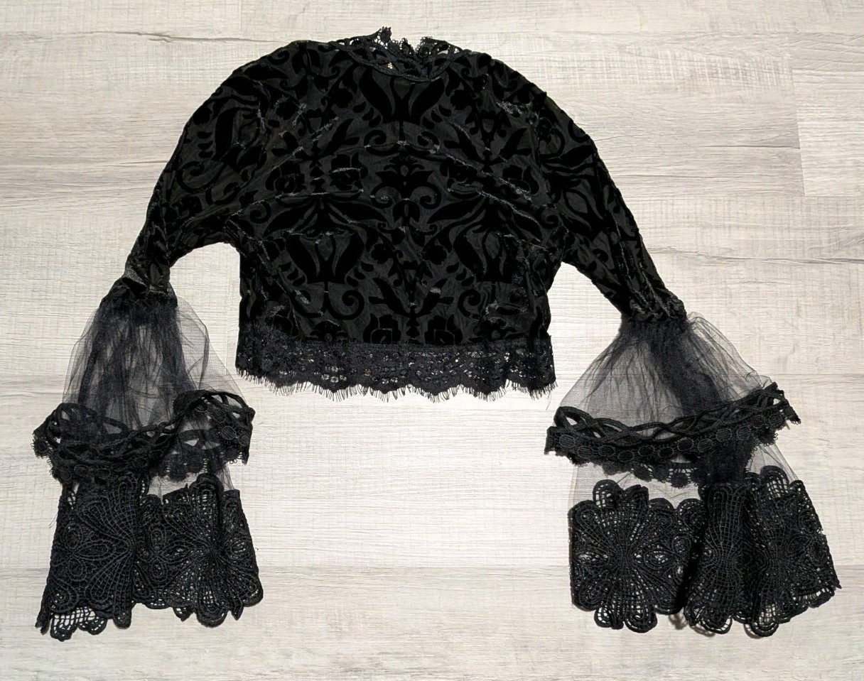 Monaco Crop Top Long Sleeve Lace Mesh Velvet Sz S Black Victorian Goth Romantic