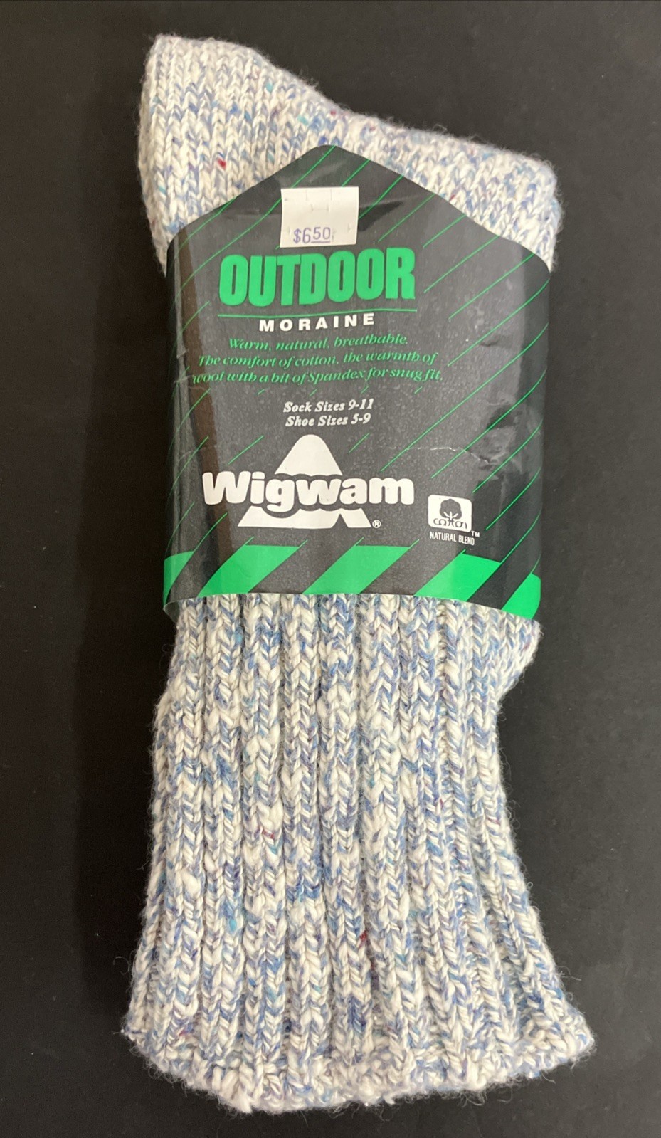 Vintage WigWam Outdoor Moraine Socks Cotton Wool Blend USA Size 9-11 Blue Knit