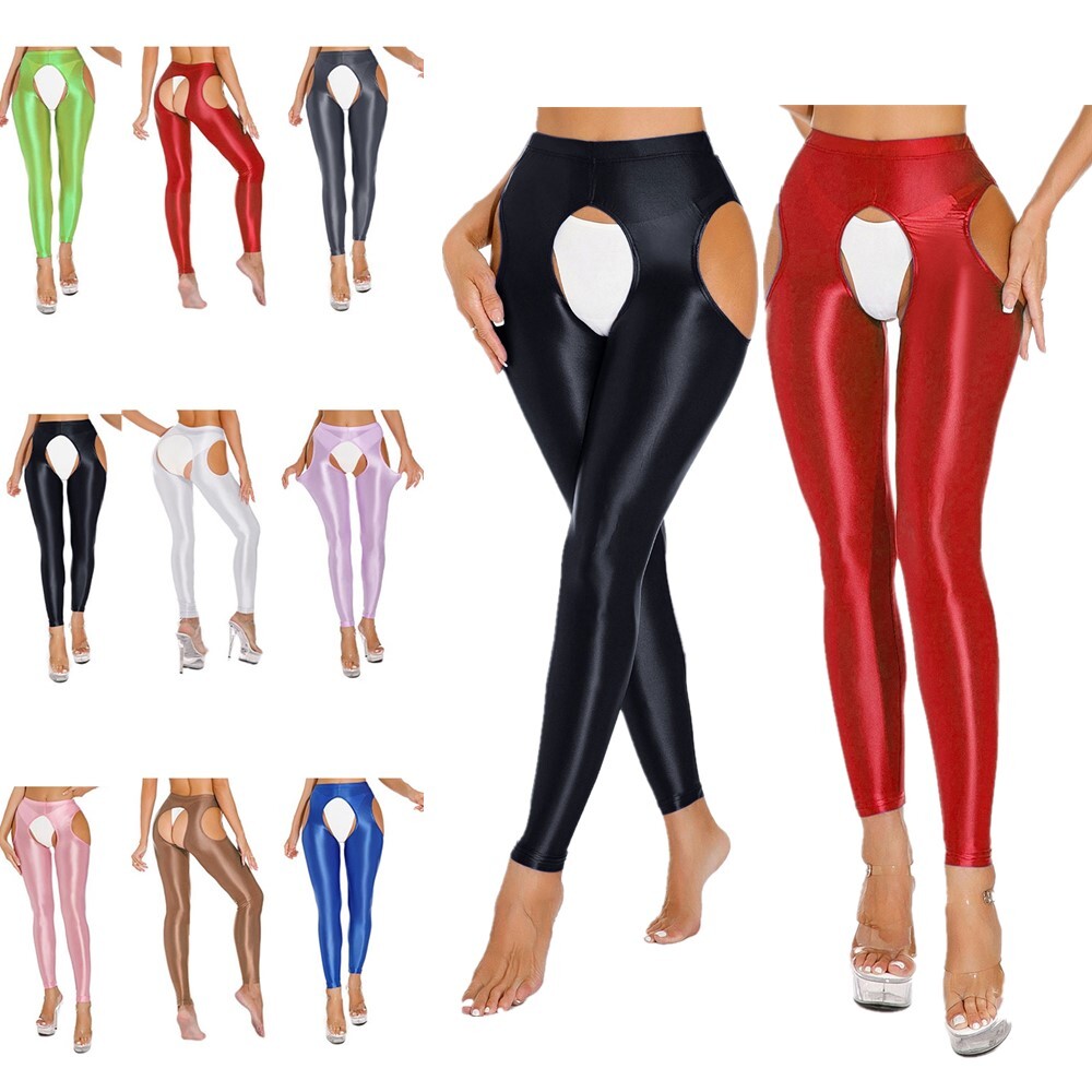 US Womens Glossy High Waist Cut Out Leggings Solid Color Skinny Yoga Pants