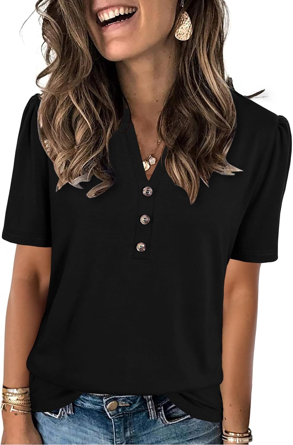 Short Sleeve Womens Casual Shirt Loose Fit V Neck Summer Top Soft Breathable