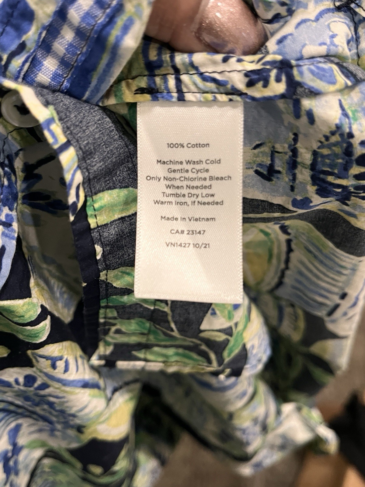 100% Cotton Talbots Blue/White Floral Vases print Womens Blouse Top Shirt L