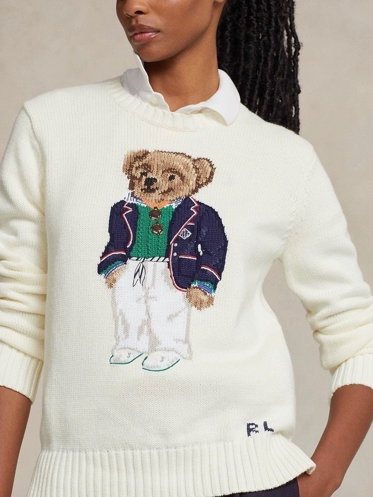Polo Ralph Lauren Ivory Polo Bear Graphic Knit Crewneck Pullover Sweater M