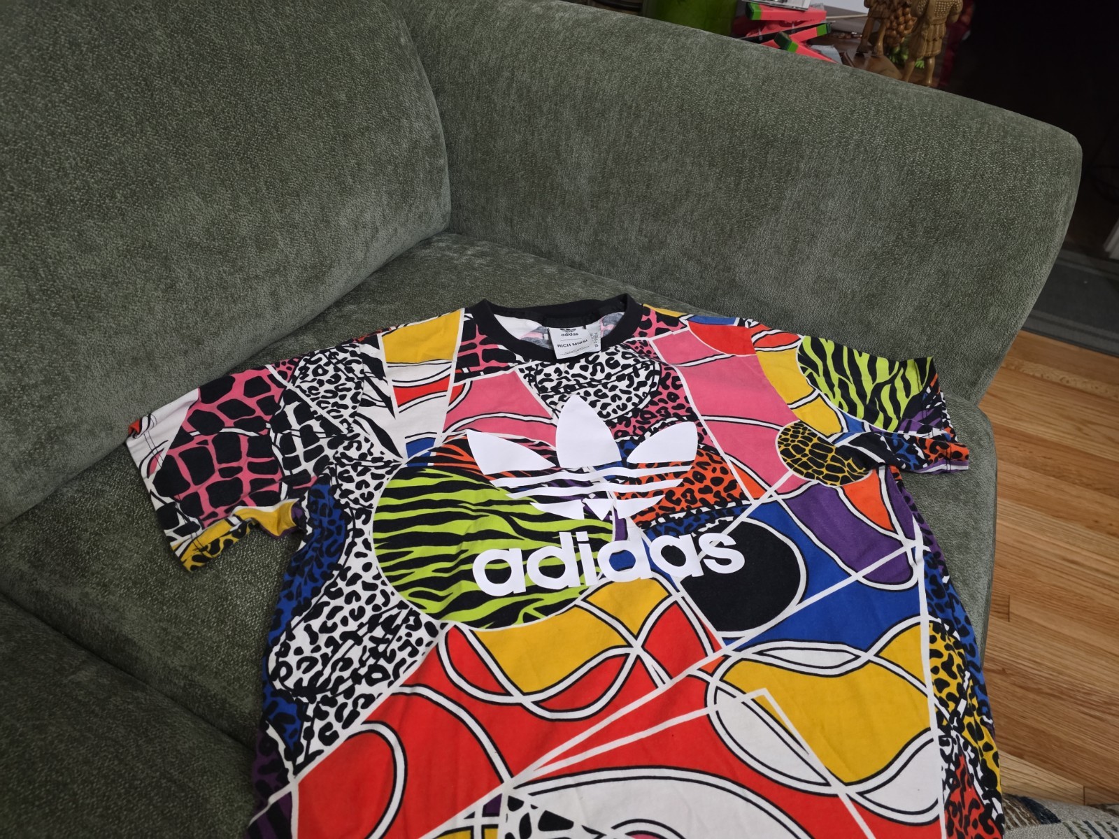 Adidas Shirt Women Large Multicolor Rich Mnisi Animal Print Allover Trefoil Logo