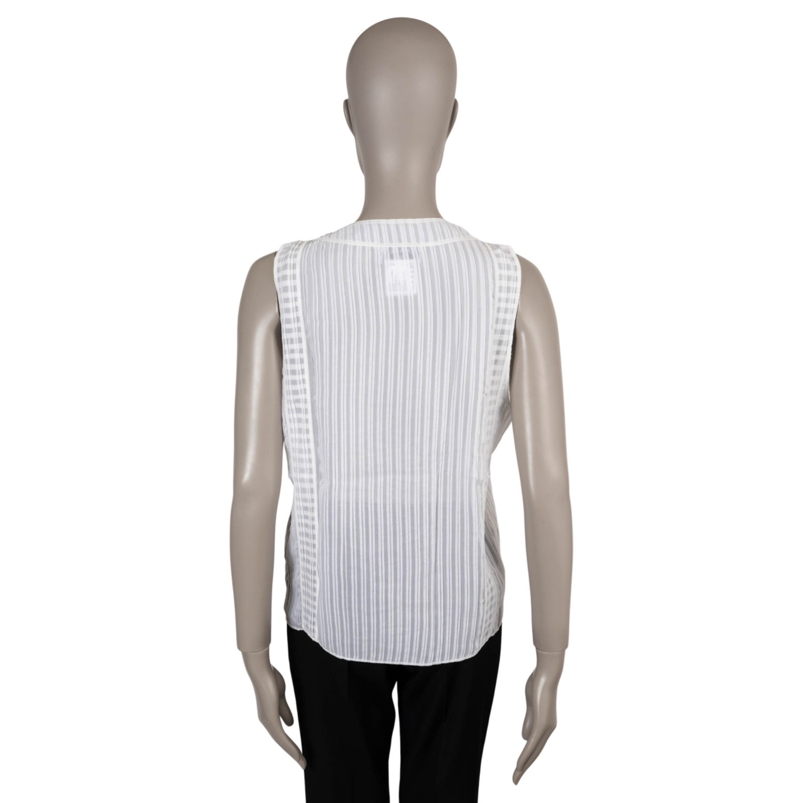 73766 auth CHANEL white silk 14P STRIPED SEMI SHEER Tank Top Shirt 42 L