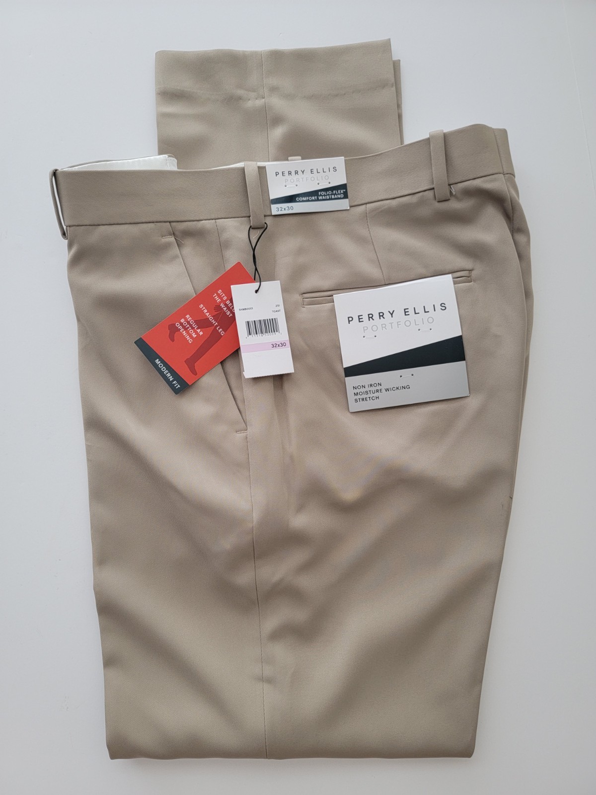 NEW Perry Ellis Modern Fit Sz 32 x 30 Non Iron Dress Pants STRETCH Flat F BEIGE